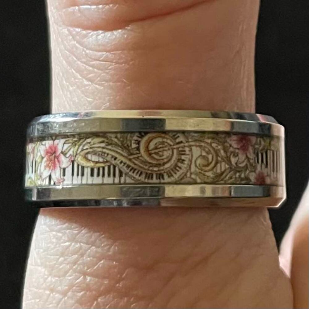 Music Lover Floral Keyboard Piano Treble Clef Stainless Steel Band Ring Size 10